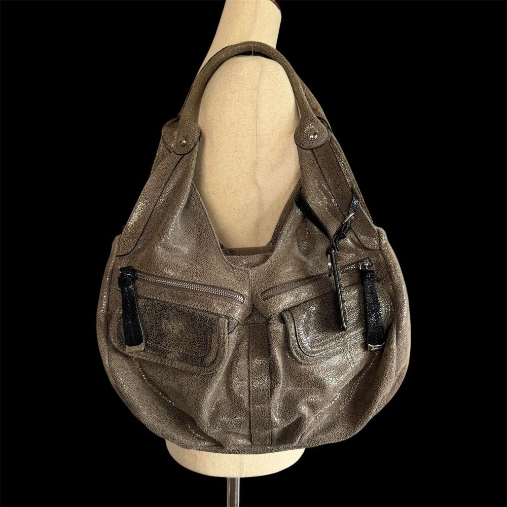B Makowsky Crackle Leather Hobo Bag Metallic Slouchy Soft Moto Shoulder Purse